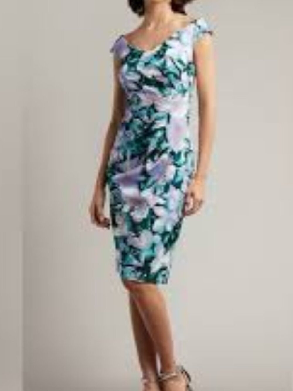 Tadashi Shoji off-the-shoulder floral print ruched side silhouette Dress Sz XXL
